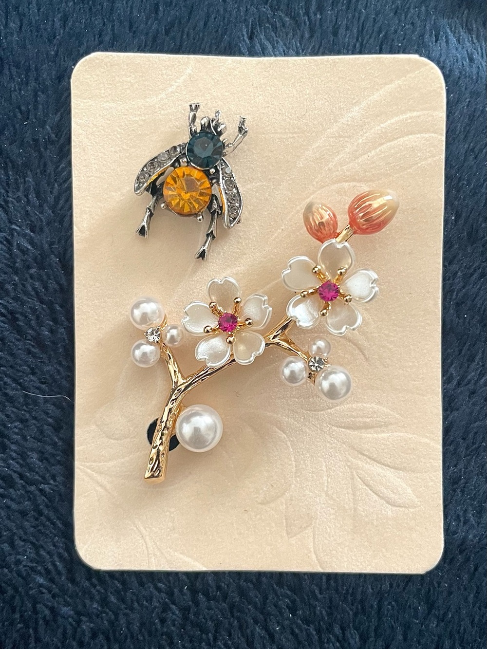 Floral Pearl & Bee Brooch Set - Gold, White, Pink Accents